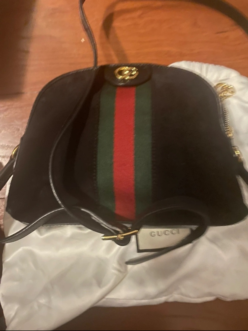 Gucci Black Suede Ophedia Crossbody with Red & Green Web Stripe